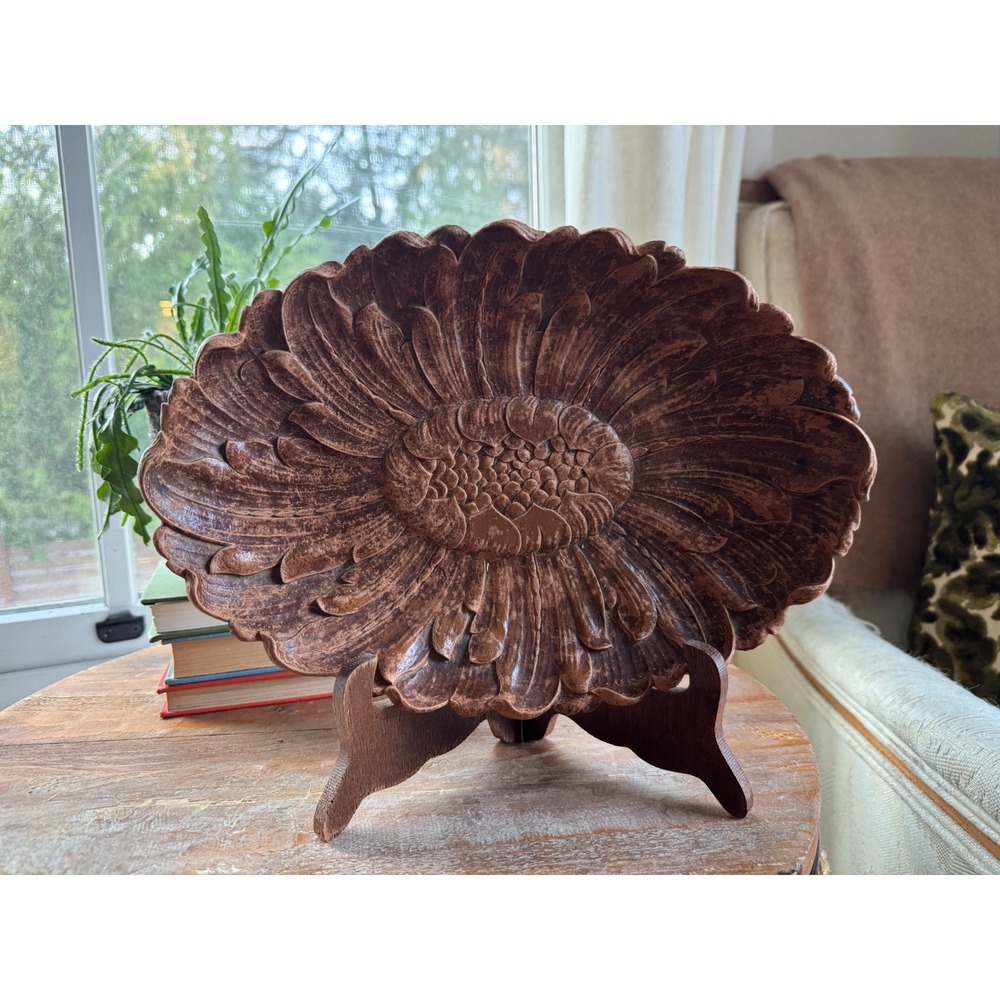 Vintage Burwood? Syroco? Wood Sunflower Lotus Bowl Floral Oval Platter